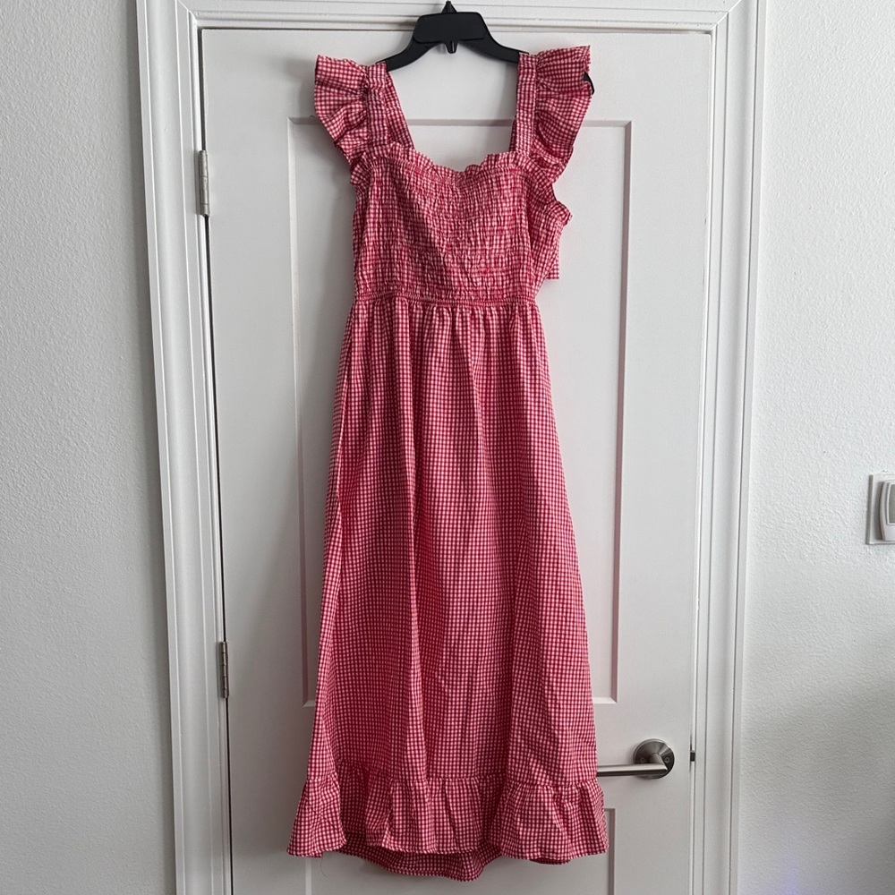 Chic Red Gingham Dress with Ruffle Details